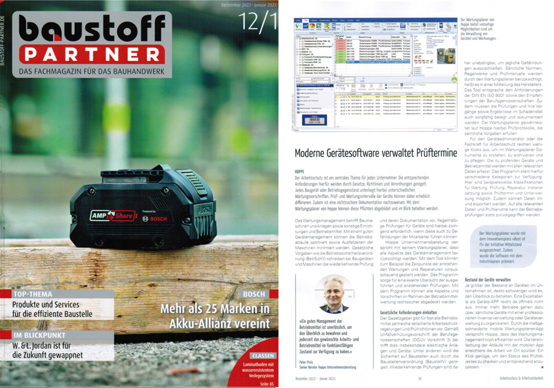 Baustoff Partner Fachmagazin Bauhandwerk / 01-23 SBM Verag GmbH, Moderne Ger�tesoftware verwaltet Pr�ftermine