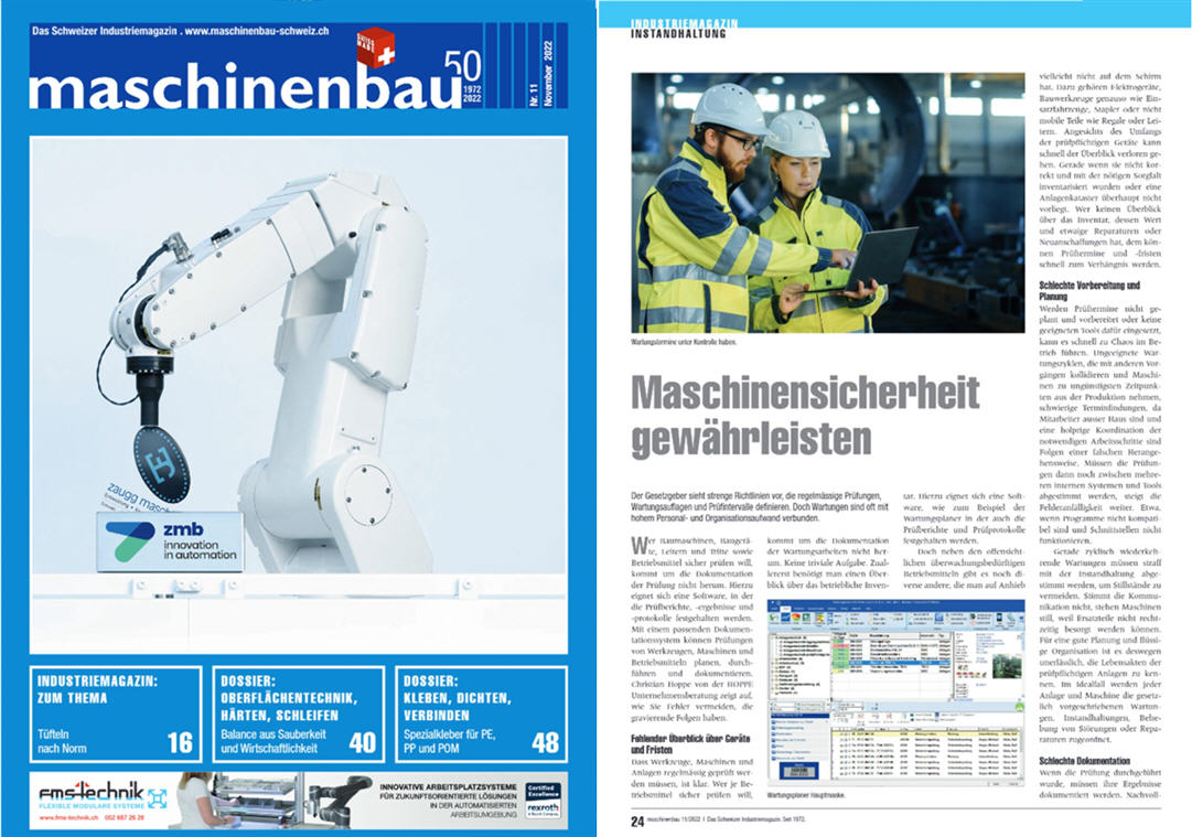 Maschinenbau Schweiz Nov/22. Maschinensicherheit gew�hrleisten Inventar-Software Wartungsplaner Schweiz